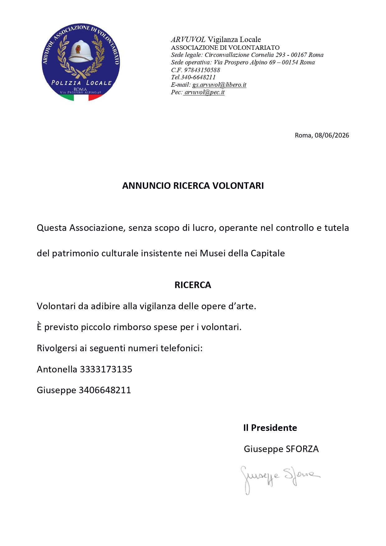 ARVUVOL RICHIESTA VOLONTARI
